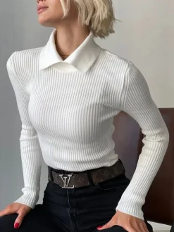 COMMENSE Vanilla Polo Long Sleeve Knit Top* Sweater Tops|Sweaters & Cardigans