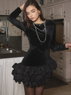 COMMENSE Velvet Bubble Dress With Shoulder Pads* Black Dresses|Casual Dresses