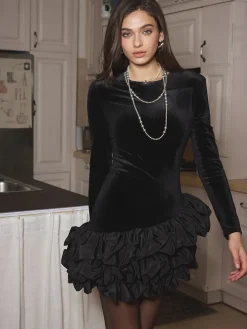 COMMENSE Velvet Bubble Dress With Shoulder Pads* Black Dresses|Casual Dresses