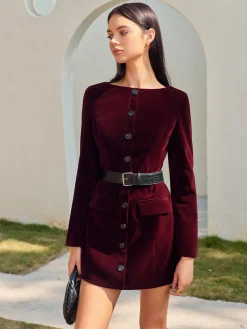 COMMENSE Velvet Button Short Dress With Belt* Dresses