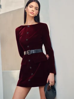 COMMENSE Velvet Button Short Dress With Belt* Dresses
