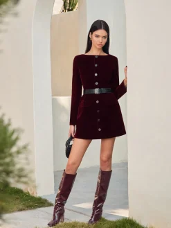 COMMENSE Velvet Button Short Dress With Belt* Dresses