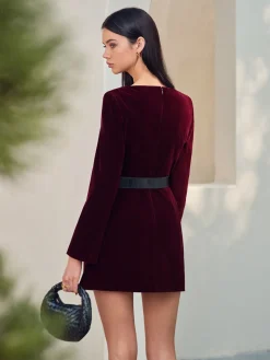 COMMENSE Velvet Button Short Dress With Belt* Dresses