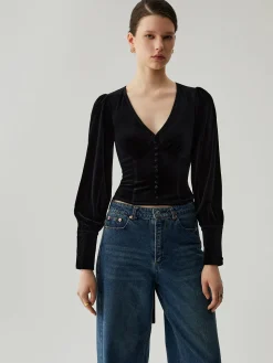 COMMENSE Velvet Buttoned V-neck Long Sleeve Crop Top* Crop Tops|Blouses & Shirts