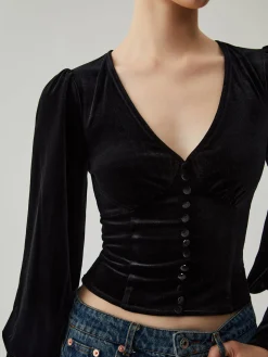 COMMENSE Velvet Buttoned V-neck Long Sleeve Crop Top* Crop Tops|Blouses & Shirts