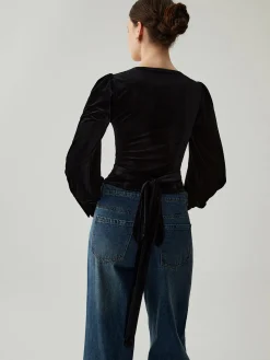 COMMENSE Velvet Buttoned V-neck Long Sleeve Crop Top* Crop Tops|Blouses & Shirts