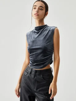 COMMENSE Velvet Draped Mock Neck Sleeveless Crop Top* Crop Tops|T-shirts
