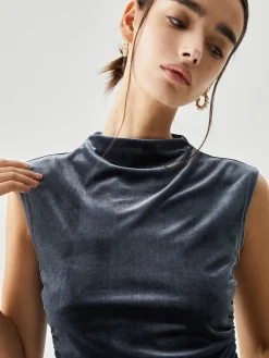COMMENSE Velvet Draped Mock Neck Sleeveless Crop Top* Crop Tops|T-shirts