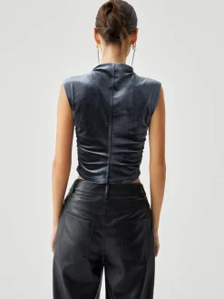 COMMENSE Velvet Draped Mock Neck Sleeveless Crop Top* Crop Tops|T-shirts