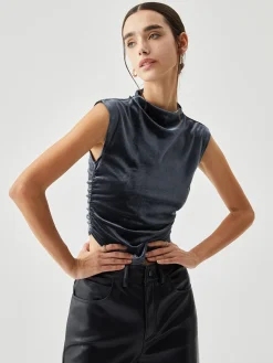 COMMENSE Velvet Draped Mock Neck Sleeveless Crop Top* Crop Tops|T-shirts