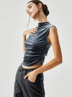 COMMENSE Velvet Draped Mock Neck Sleeveless Crop Top* Crop Tops|T-shirts