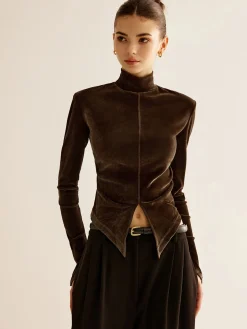 COMMENSE Velvet Mock-Neck Slit T-Shirt* T-shirts|Tops