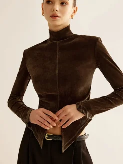 COMMENSE Velvet Mock-Neck Slit T-Shirt* T-shirts|Tops
