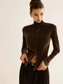 COMMENSE Velvet Mock-Neck Slit T-Shirt* T-shirts|Tops
