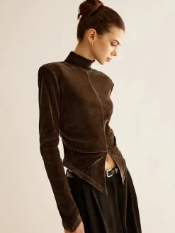 COMMENSE Velvet Mock-Neck Slit T-Shirt* T-shirts|Tops