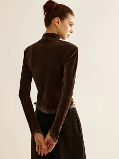 COMMENSE Velvet Mock-Neck Slit T-Shirt* T-shirts|Tops