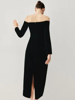 COMMENSE Velvet Off-shoulder Patchwork Slit Midi Dress* Black Dresses|Cocktail & Party Dresses