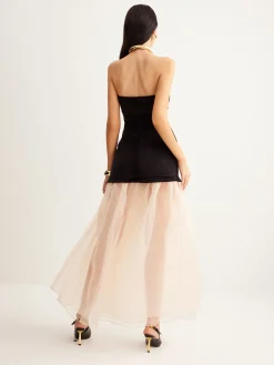 COMMENSE Velvet Panel Mesh Tube Dress* Cocktail & Party Dresses|Long Dresses