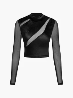 COMMENSE Velvet Panel Sheer Crop Blouse* Crop Tops|Blouses & Shirts