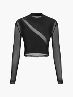 COMMENSE Velvet Panel Sheer Crop Blouse* Crop Tops|Blouses & Shirts