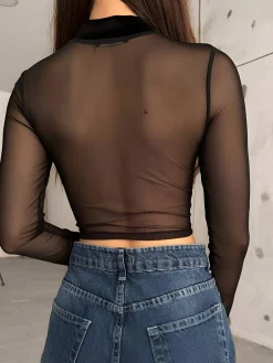 COMMENSE Velvet Panel Sheer Crop Blouse* Crop Tops|Blouses & Shirts