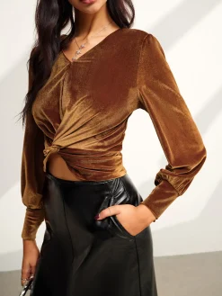 COMMENSE Velvet Pleated Slim Blouse* Blouses & Shirts|Tops