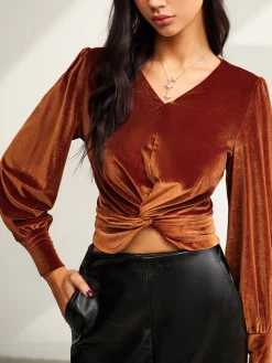 COMMENSE Velvet Pleated Slim Blouse* Blouses & Shirts|Tops