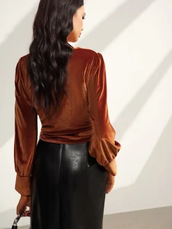 COMMENSE Velvet Pleated Slim Blouse* Blouses & Shirts|Tops