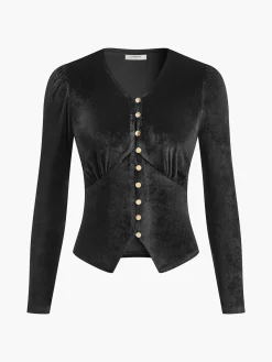 COMMENSE Velvet Split Button Top* T-shirts|Tops