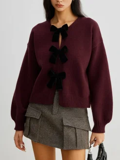 COMMENSE Velvet-Bow Lantern Sleeve Sweater* Sweater Tops|Sweaters & Cardigans