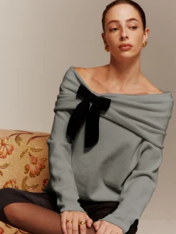 COMMENSE Velvet-Bow Off-Shoulder Ruched Sweater* Sweater Tops|Sweaters & Cardigans