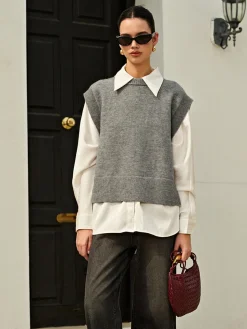 COMMENSE Versatile Side Buckle Belt Sweater Vest* Sweater Vests|Sweaters & Cardigans
