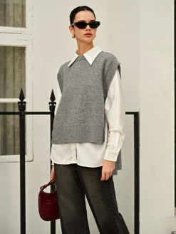 COMMENSE Versatile Side Buckle Belt Sweater Vest* Sweater Vests|Sweaters & Cardigans
