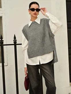 COMMENSE Versatile Side Buckle Belt Sweater Vest* Sweater Vests|Sweaters & Cardigans