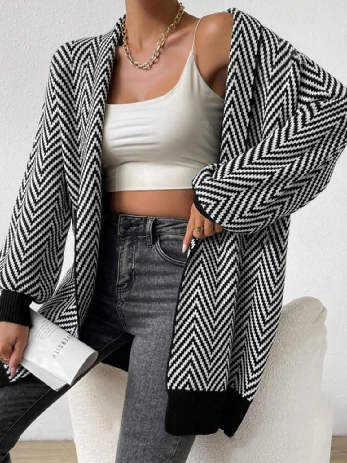 COMMENSE Vintage Chevron Knit Outerwear* Sweater Tops|Outerwear