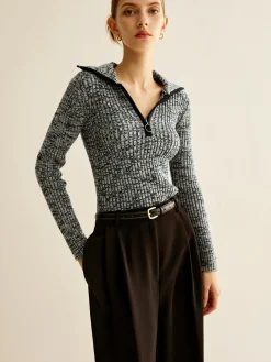 COMMENSE Vintage Contrast Trim Zipper Knit Top* Sweater Tops|Sweaters & Cardigans