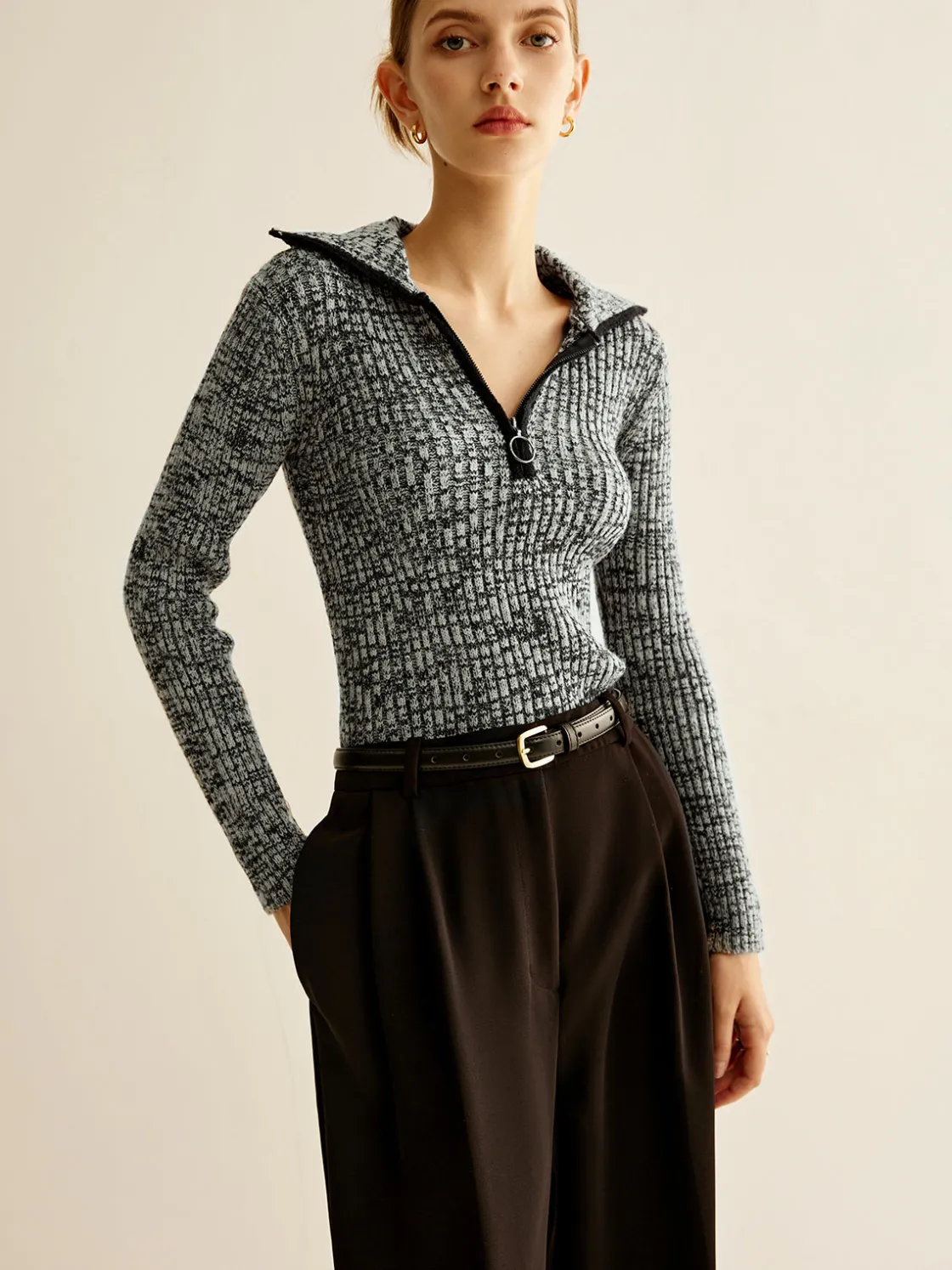 COMMENSE Vintage Contrast Trim Zipper Knit Top* Sweater Tops|Sweaters & Cardigans
