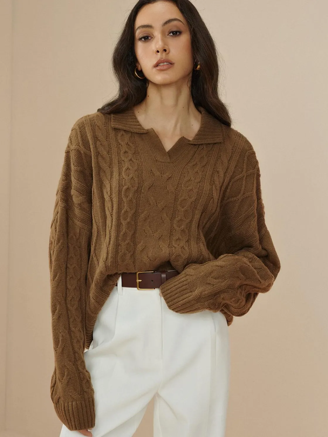 COMMENSE Vintage Lapel Cable Pullover Sweater* Sweater Tops|Sweaters & Cardigans
