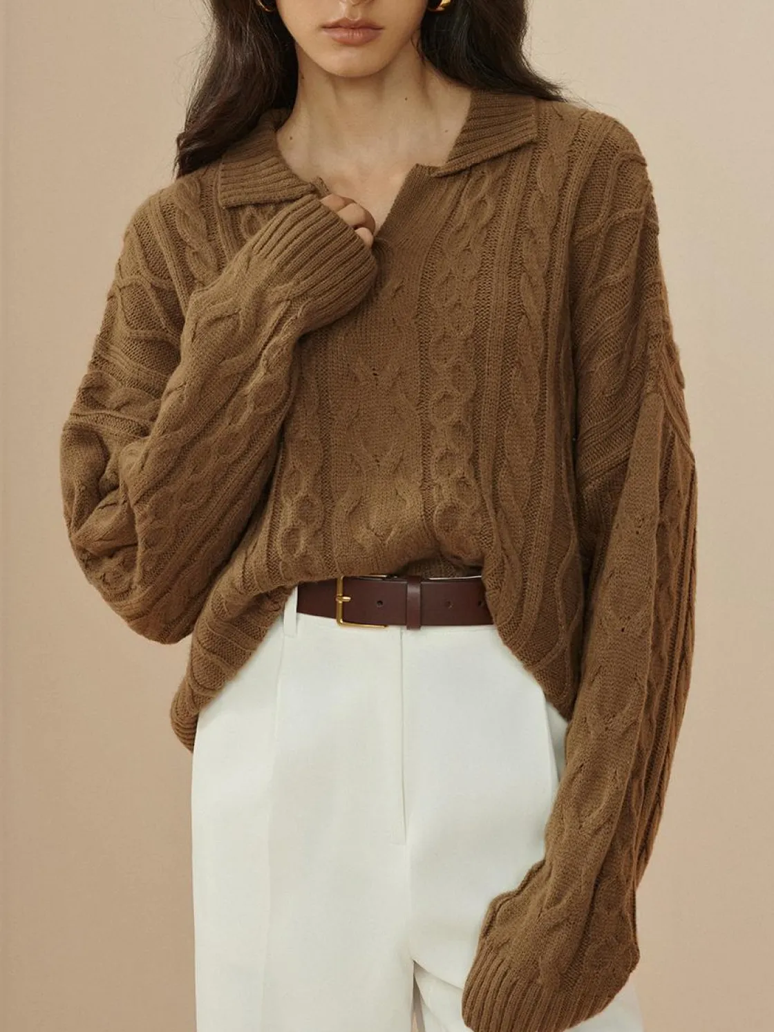 COMMENSE Vintage Lapel Cable Pullover Sweater* Sweater Tops|Sweaters & Cardigans