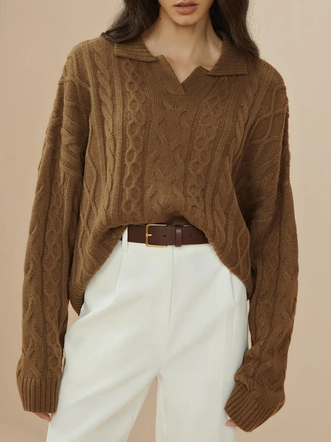 COMMENSE Vintage Lapel Cable Pullover Sweater* Sweater Tops|Sweaters & Cardigans