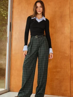 COMMENSE Vintage Plaid Belted Wide-Leg Pants* Pants|Bottoms