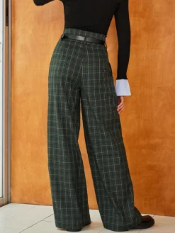 COMMENSE Vintage Plaid Belted Wide-Leg Pants* Pants|Bottoms