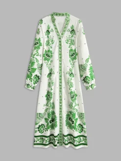 COMMENSE Vintage Printed Button Long Dress* Vacation Dresses|Summer Dresses