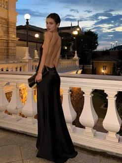 COMMENSE V-Neck Backless Satin Long Dress* Black Dresses|Cocktail & Party Dresses