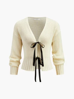 COMMENSE V-Neck Bow Ribbed Cardigan* Cardigans|Sweaters & Cardigans