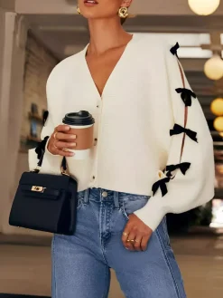 COMMENSE V-Neck Bow-Decor Short Cardigan* Cardigans|Sweaters & Cardigans