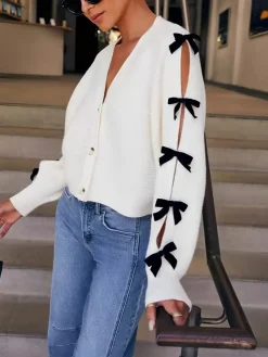 COMMENSE V-Neck Bow-Decor Short Cardigan* Cardigans|Sweaters & Cardigans