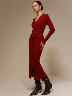 COMMENSE V-Neck Breasted Belted Sweater Long Dress* Sweater Dresses|Cocktail & Party Dresses