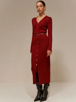 COMMENSE V-Neck Breasted Belted Sweater Long Dress* Sweater Dresses|Cocktail & Party Dresses