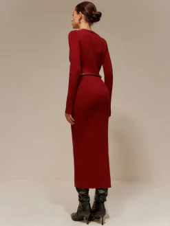 COMMENSE V-Neck Breasted Belted Sweater Long Dress* Sweater Dresses|Cocktail & Party Dresses